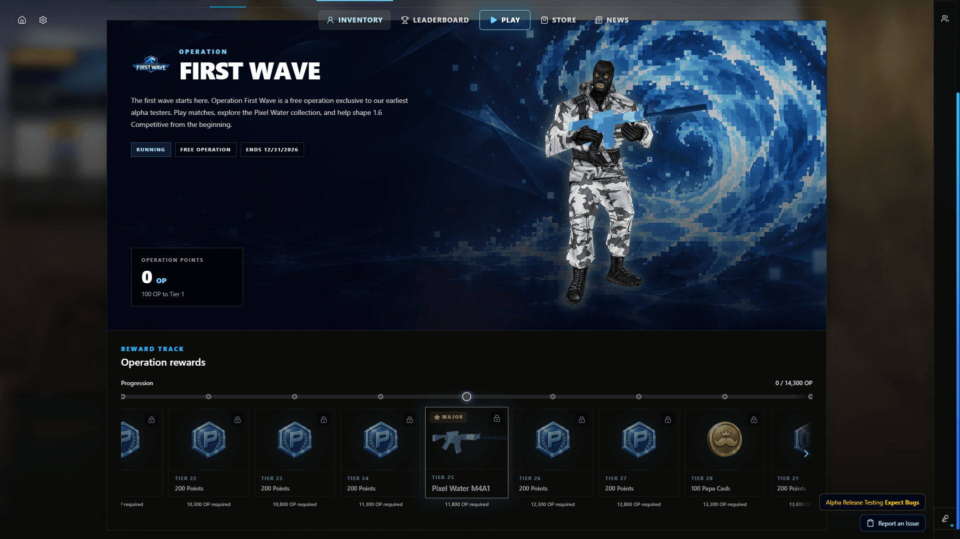 Operation First Wave screen in the 1.6 Competitive launcher, showing the reward track and Operation Points