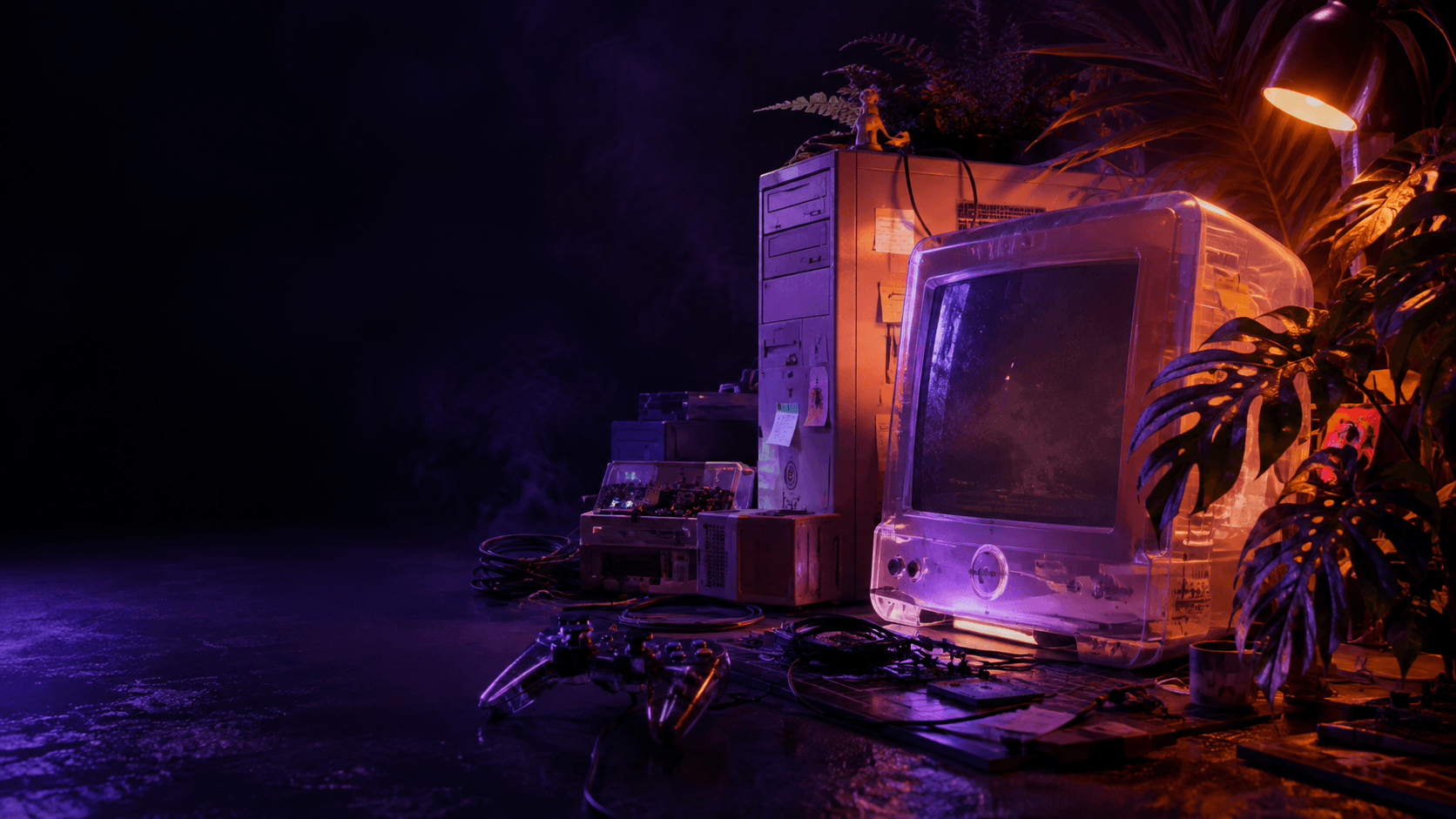 Retro computers, cables, and tropical plants in a late-night workshop